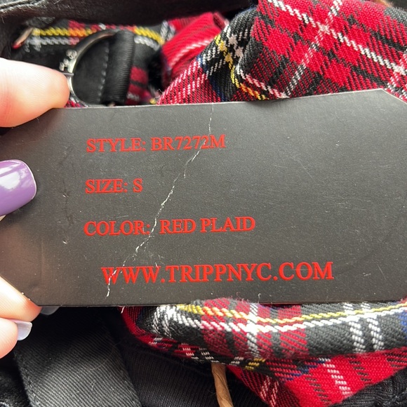 Tripp NYC Daang Goodman Red & Black Plaid Zip-Off Zippered Bondage Strap Pants - Picture 2 of 6